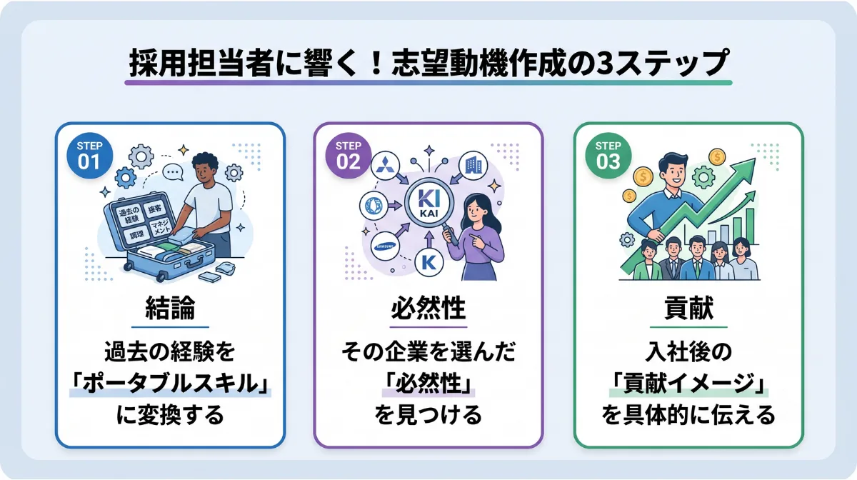 採用担当者に響く！
志望動機作成の3ステップ