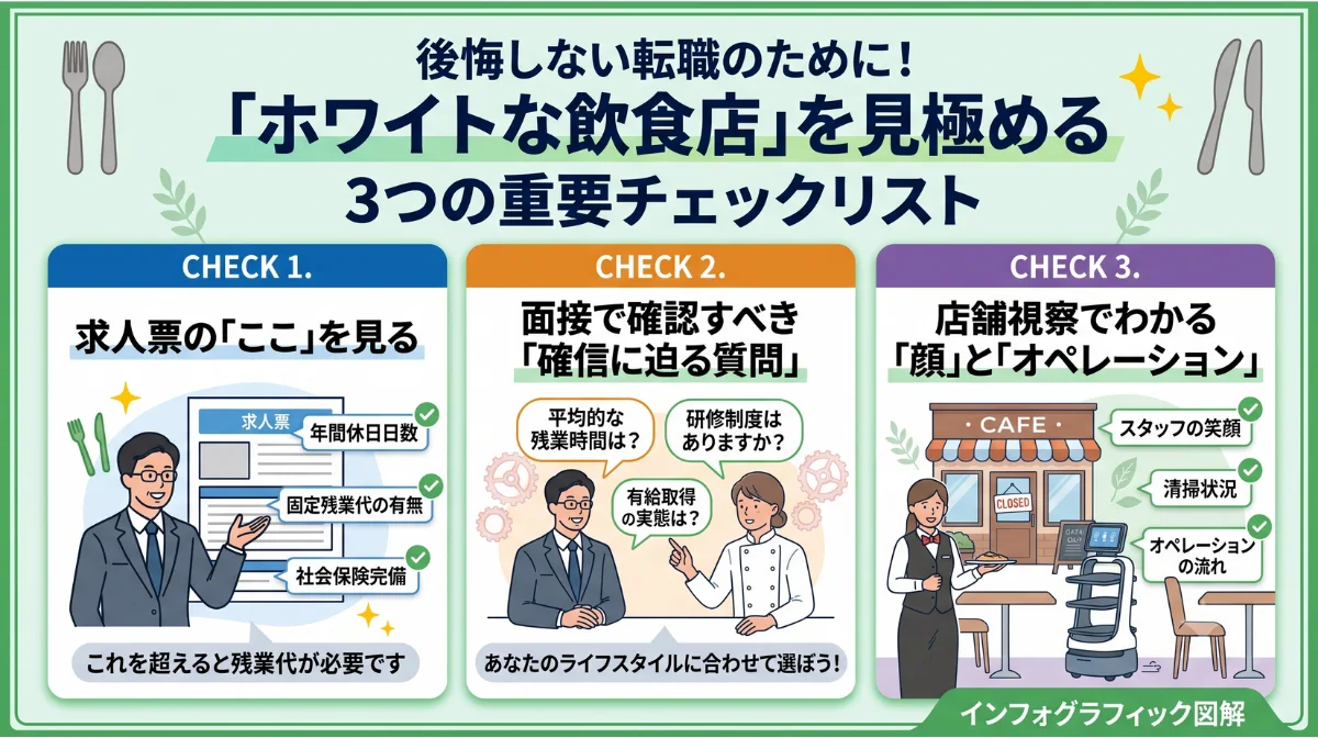 後悔しない転職のために！
「ホワイトな飲食店」を見極める
3つの重要チェックリスト