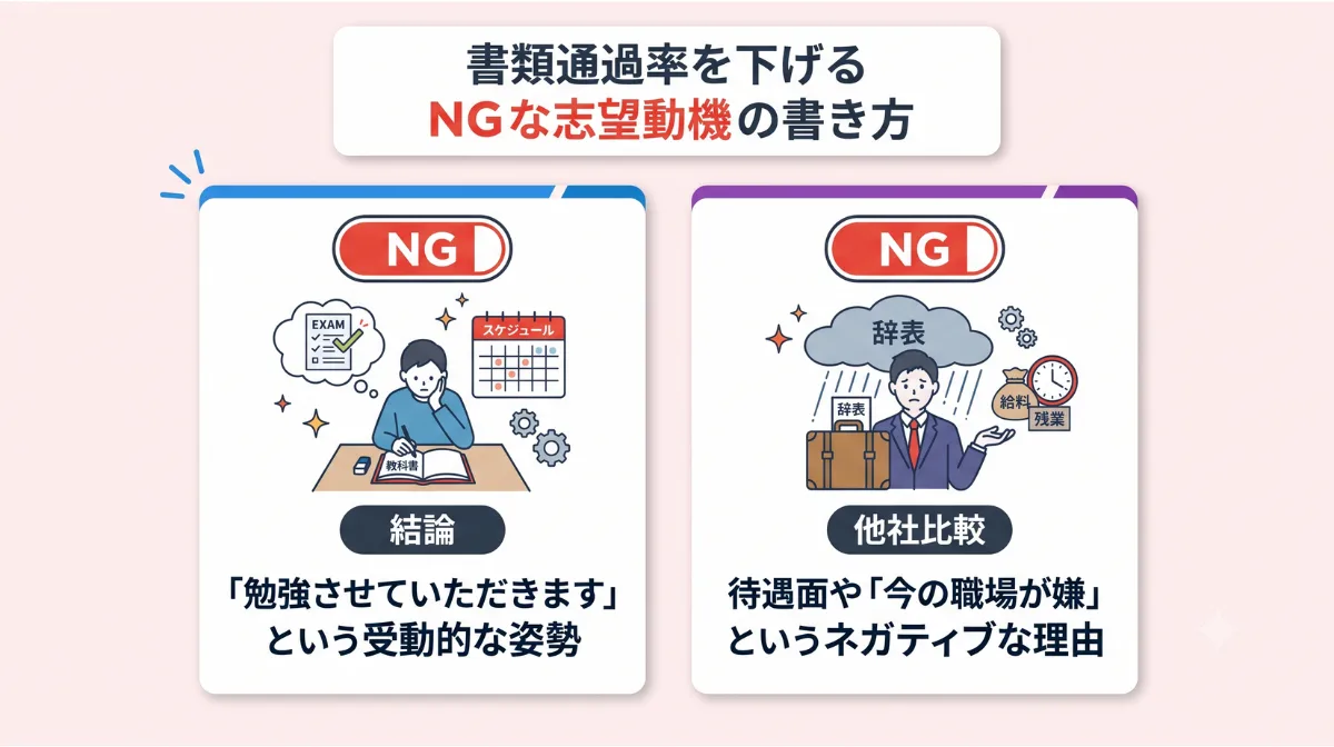書類通過率を下げる
NGな志望動機の書き方