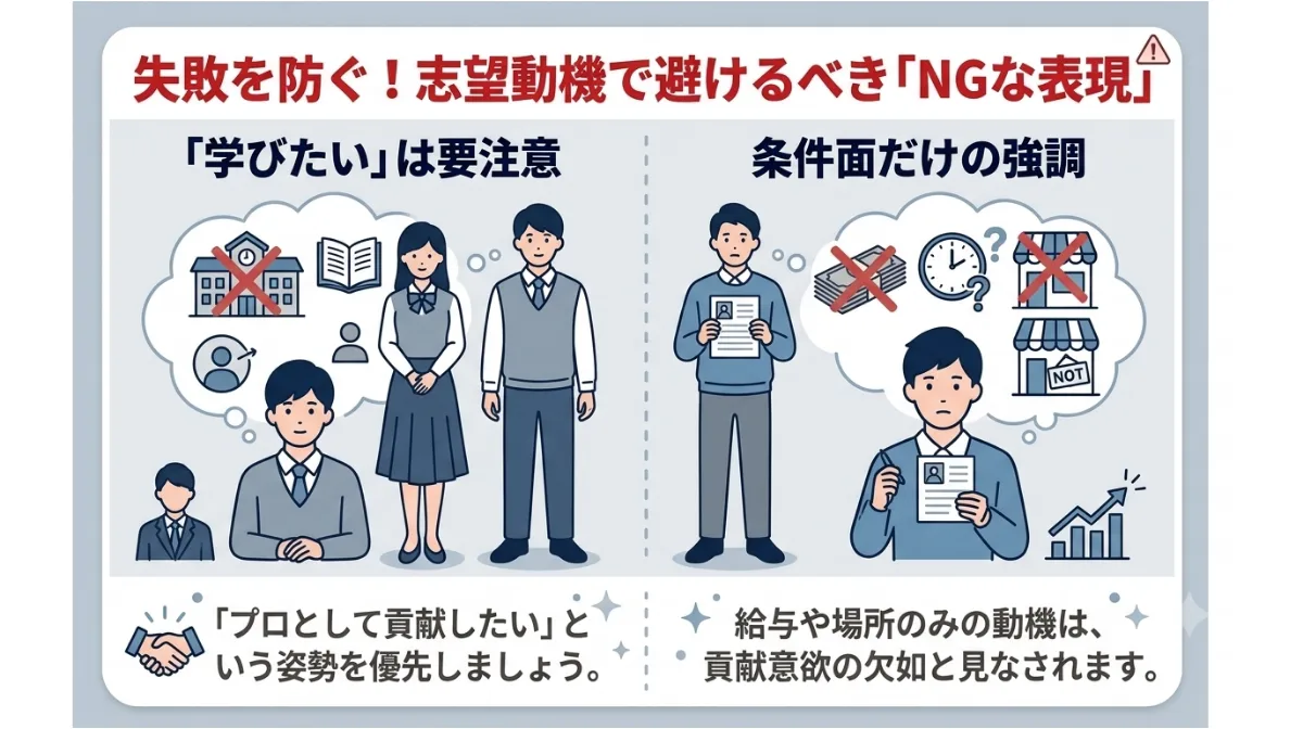失敗を防ぐ！
志望動機で避けるべき「NGな表現」