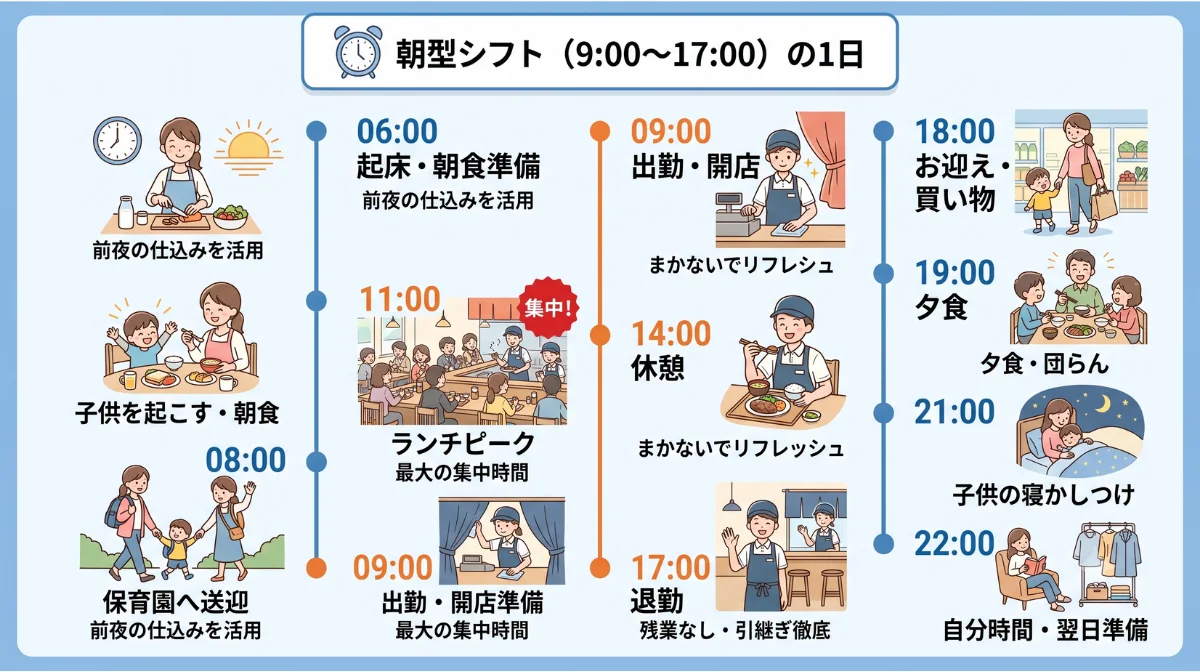 朝型シフト（9:00～17:00）の1日
