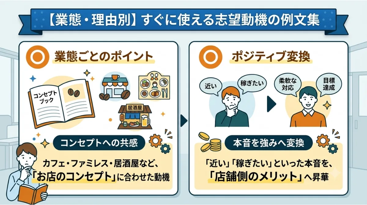 【業態・理由別】
すぐに使える志望動機の例文集