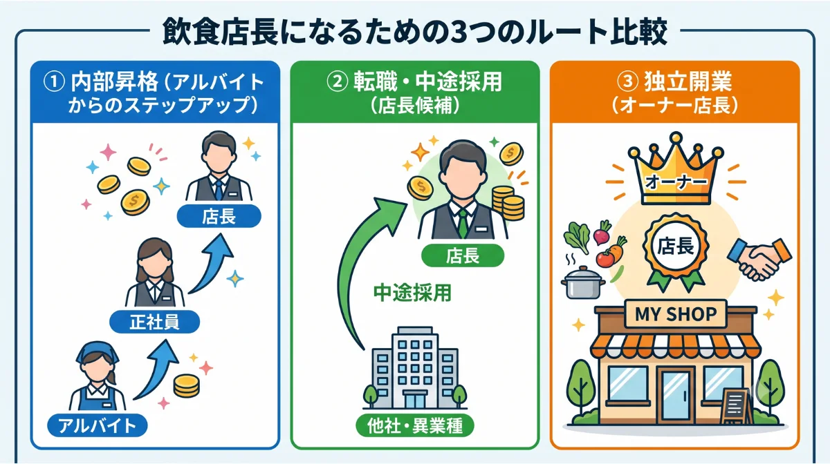 飲食店長になるための3つのルート比較
