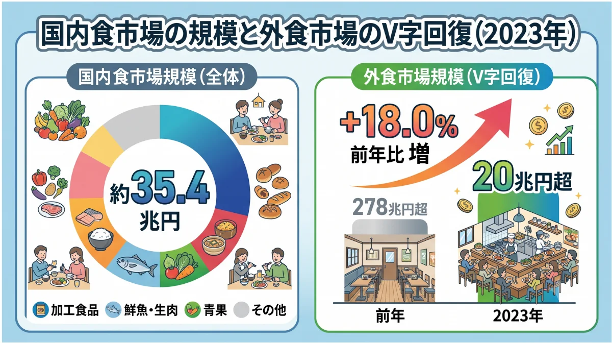 国内食市場の規模と外食市場のV字回復（2023年）
