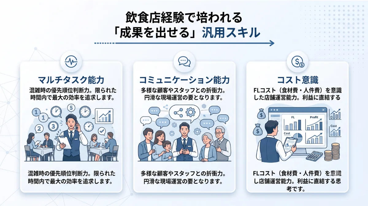 飲食店経験で培われる
「成果を出せる」汎用スキル