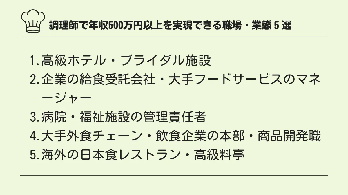 調理師で年収500万円以上を実現できる職場・業態5選